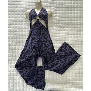 Free People Jumpsuit Womens XS Purple Black Kira Cutout Wide Leg Boho Glam Rave